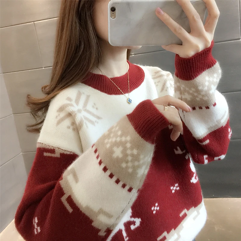 加绒加厚毛衣女秋冬新款圆领套头长袖宽松外穿洋气宽松针织打底衫