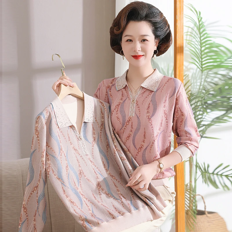 中老年女装时尚洋气秋款弹力妈妈装长袖翻领毛衣针织套头上衣宽松