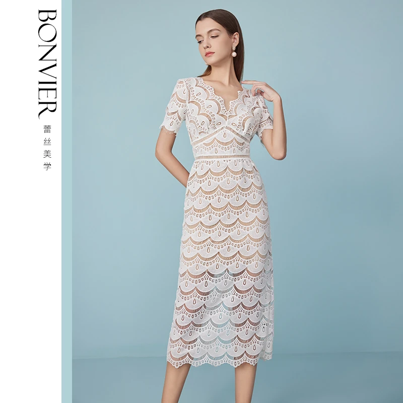 夏季白色高腰A字长裙优雅气质水溶蕾丝连衣裙6473
