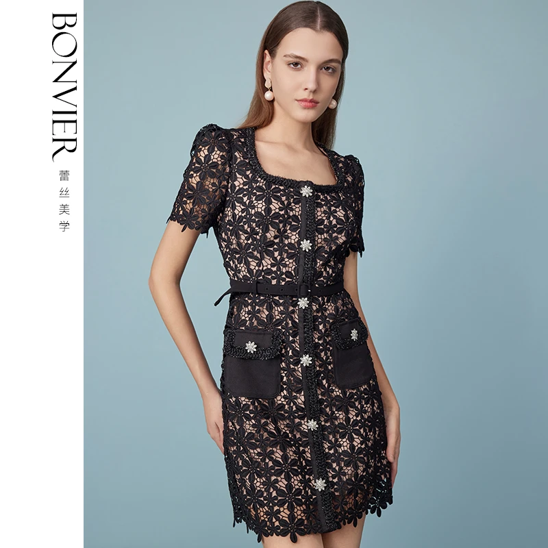 夏季新款翻领短袖气质优雅蕾丝连衣裙女人味法式裙6459
