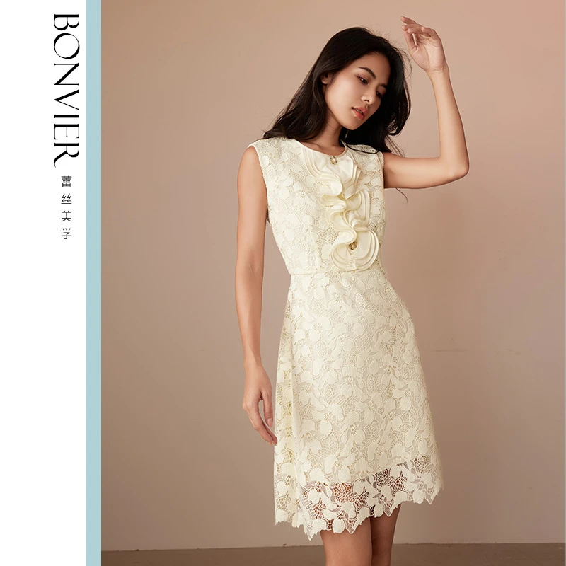 夏季优雅A字裙圆领荷叶边设计短裙高腰蕾丝裙6703