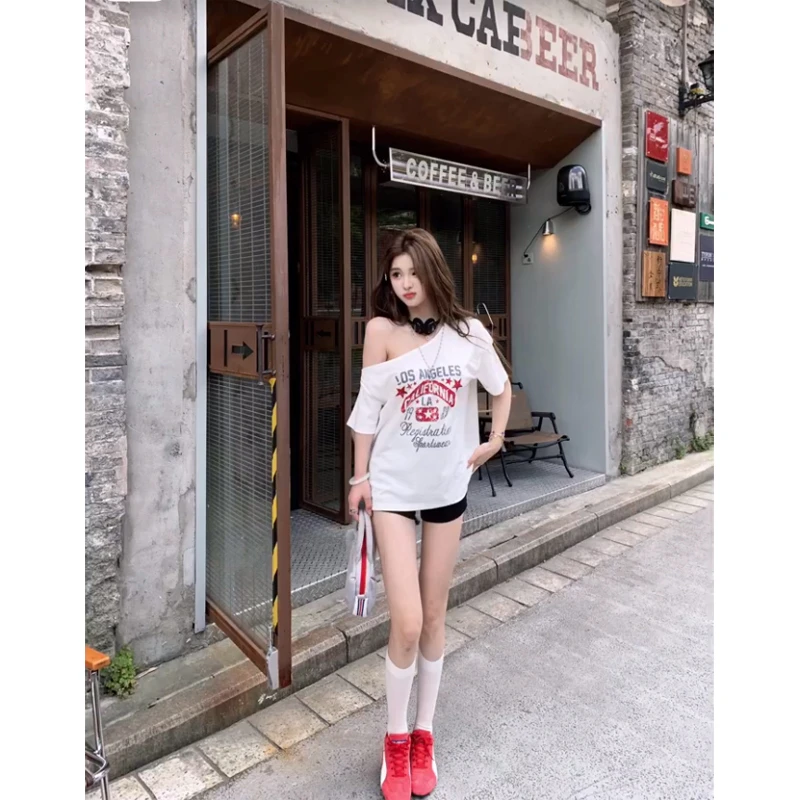 美式炸街ins宽松印花白色T恤上衣女2025夏季新款高腰百搭黑色短裤