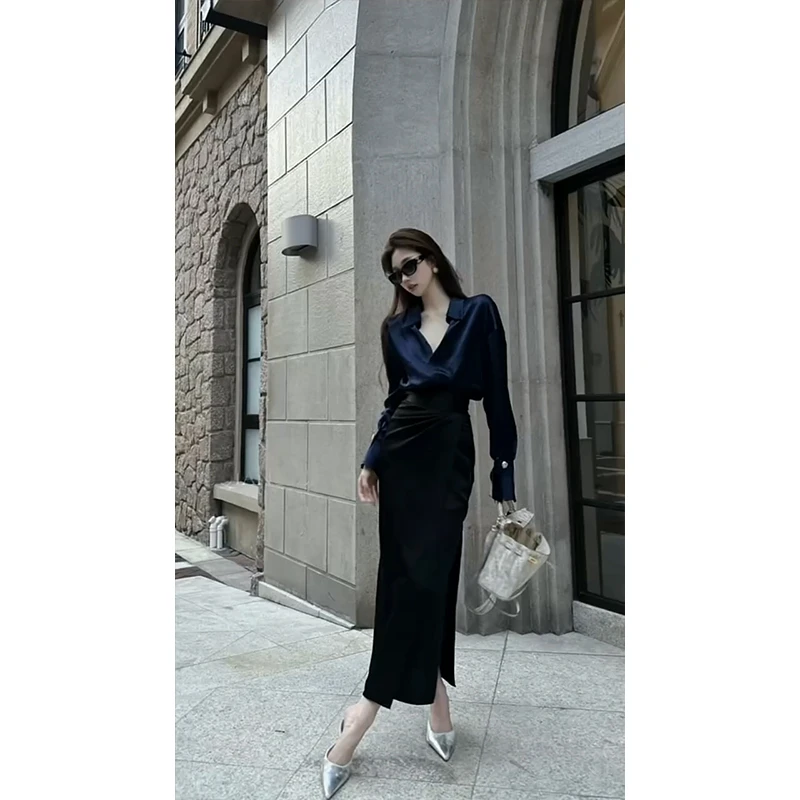 轻职风简约时尚薄款长袖衬衫上衣2025秋季设计性感开叉包臀半身裙