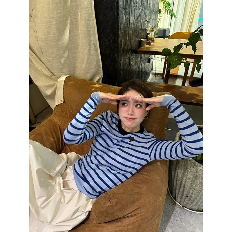 2025秋季高级设计感时尚撞色条纹长袖T恤上衣高腰休闲宽松半身裙