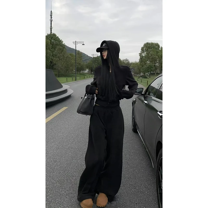 简约时尚通勤小个子穿搭两件套设计显瘦连帽长袖上衣高腰休闲长裤