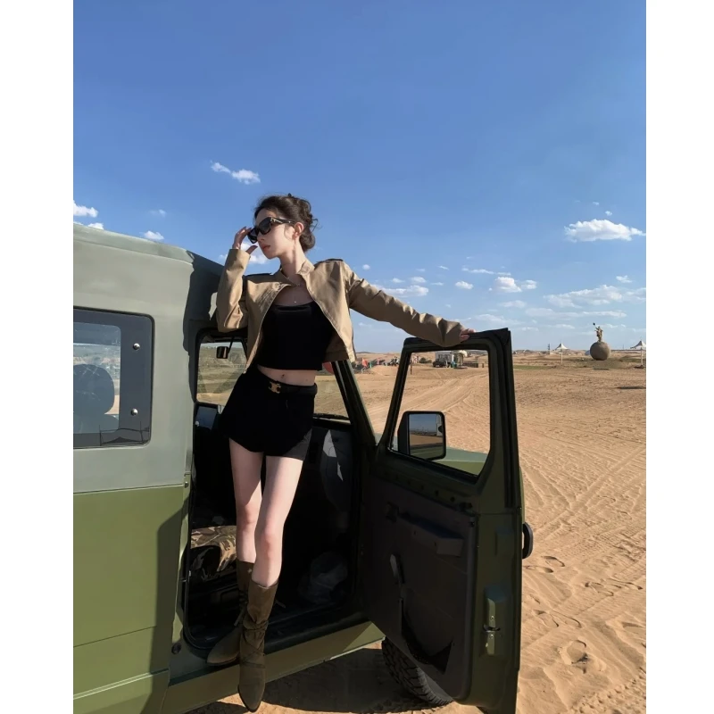 早秋新款宽松设计感小众简约高级感短款皮衣外套女装黑色显瘦短裤