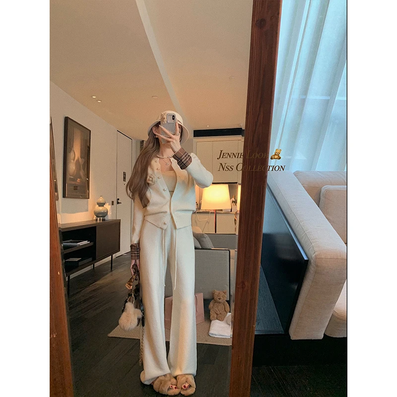 慵懒感气质通勤穿搭两件套显瘦百搭长袖开衫高腰垂感休闲直筒裤女