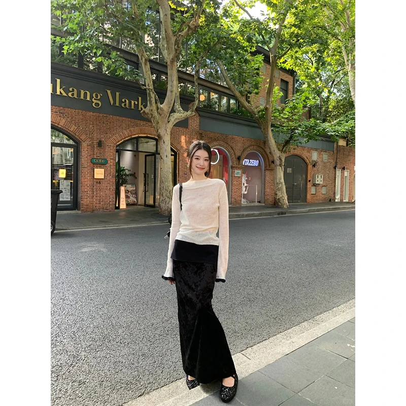 2025秋季新款美式气质圆领拼接长袖针织衫打底上衣高腰开叉半身裙