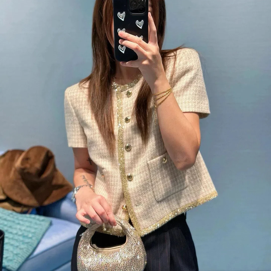 “断码折扣”名媛风重工珠片织带粗花毛呢短袖外套