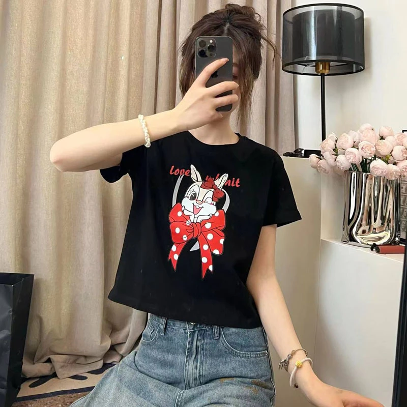 短袖T恤女夏2024新款原宿风设计感蝴蝶结百搭圆领印花体恤ins潮