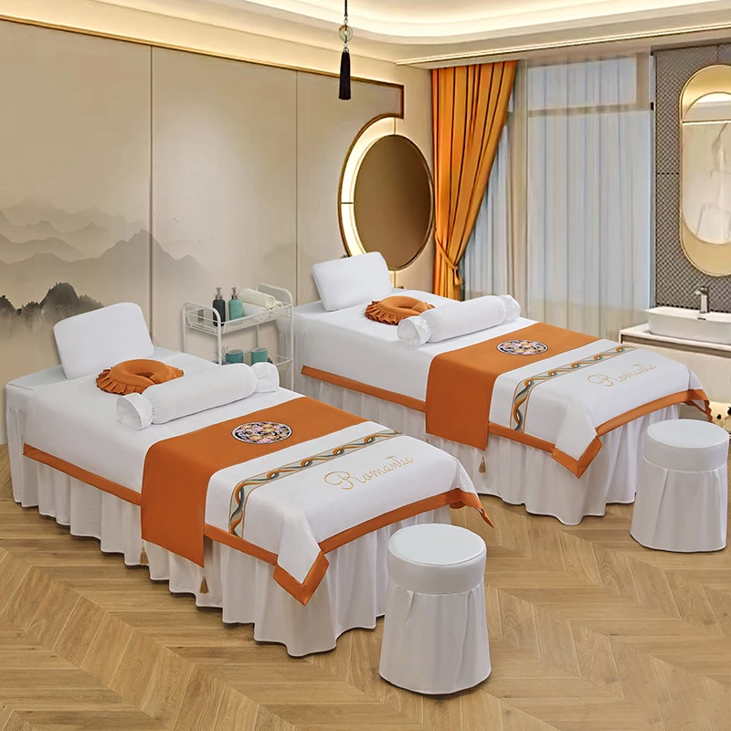 网红美容床罩四件套纯色欧式美容院按摩头疗床罩套高端轻奢简约洞