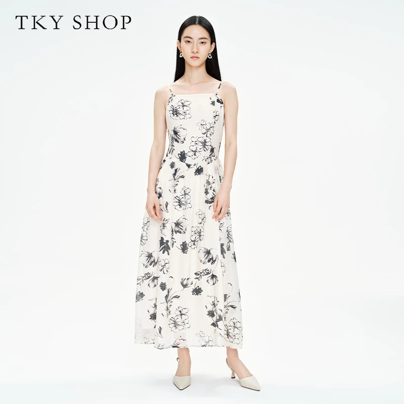 TKYSHOP夏季水墨国风优雅碎花法式一字领吊带连衣裙 10G1KB05G077