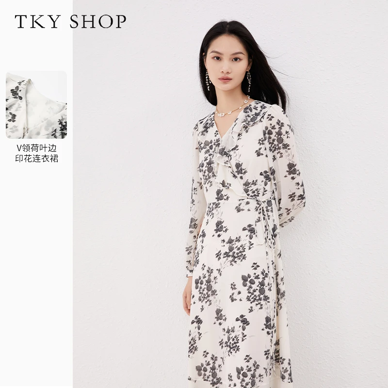 TKYSHOP【商场同款】水墨国风画春季荷叶领收腰连衣裙 10G1KH05D066
