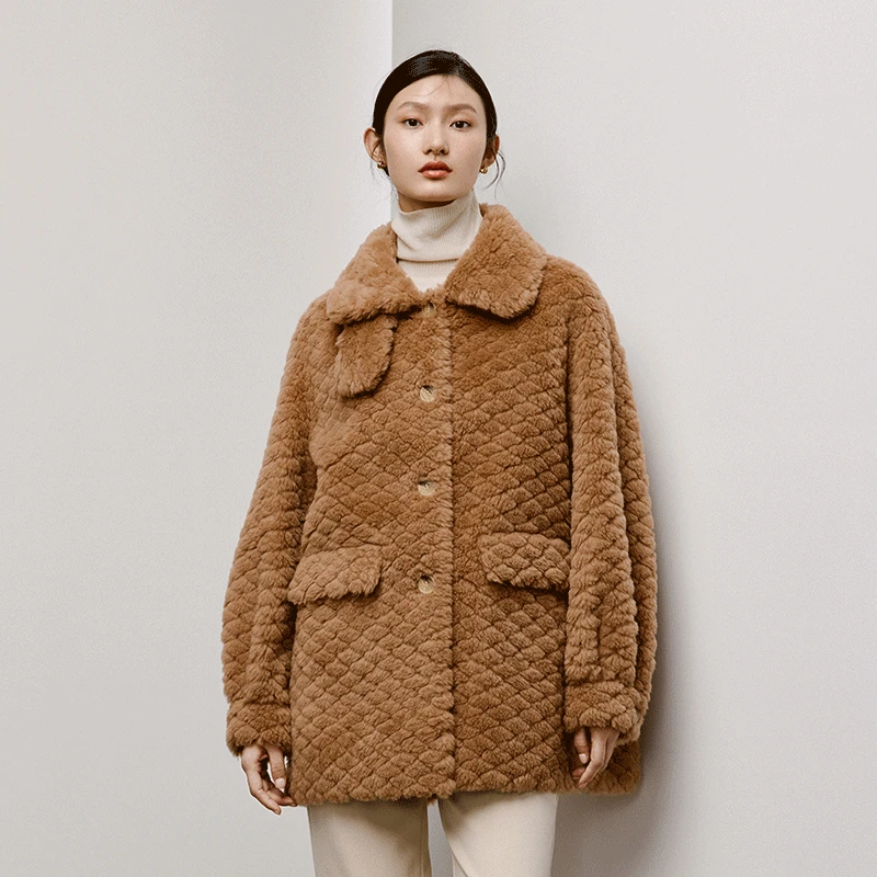 TKYSHOP【商场同款】咖啡色鳞纹棉羊毛翻领冬季款柔软 10F1AG04F030