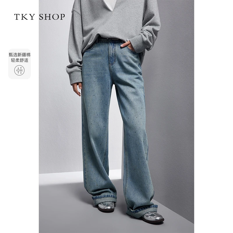 TKYSHOP老钱风高腰阔腿牛仔裤女舒适休闲细闪钻裤子 10H1OA09Q124