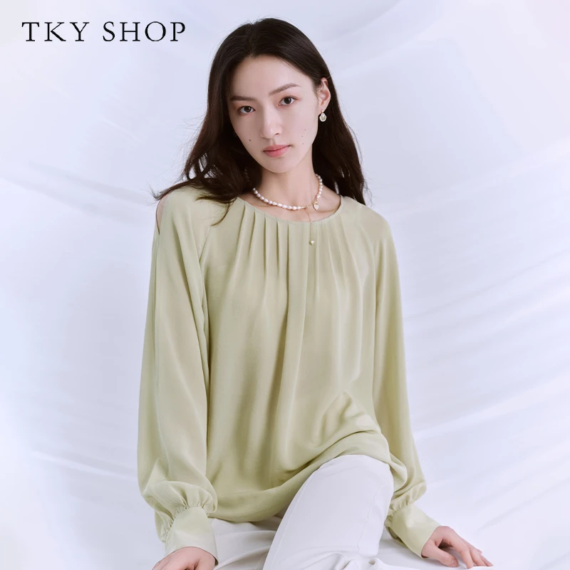 TKYSHOP仲夏桑蚕丝插肩袖褶皱轻薄长袖圆领简约衬衫 10G1QI05G118
