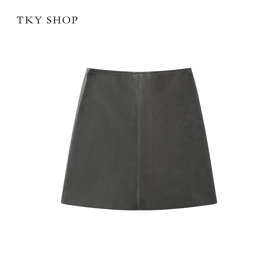 TKYSHOP高级感灰色PU短裙冬款显瘦裙简约通勤半身裙 10G1BJ00D271