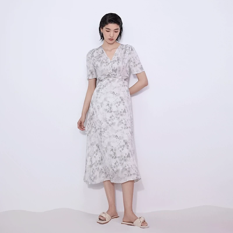 TKYSHOP云烟灰桑蚕丝碎花裙度假风连衣裙静奢千金风 10H1YA08I172