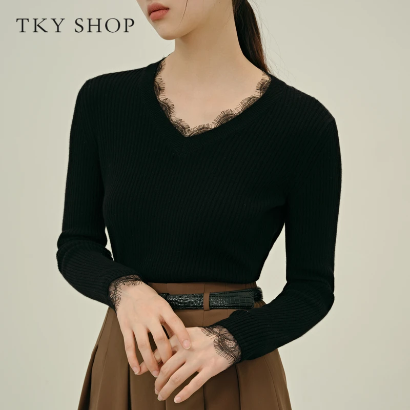 TKYSHOP长袖羊毛衫针织衫2023春季新款气质V领上衣10F1HF06P106