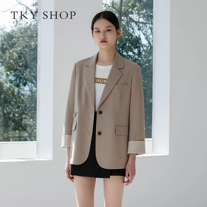 TKYSHOP时尚春秋新款经典细格纹西装休闲系带短外套10F1CA06B027