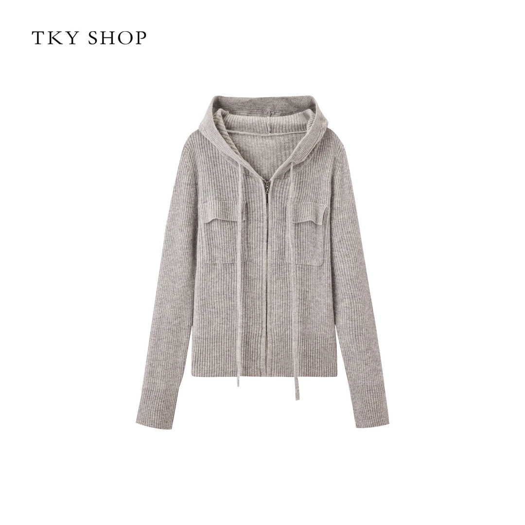 TKY SHOP连帽全羊毛针织开衫女冬季新款休闲毛衣外套10G1MA00D255