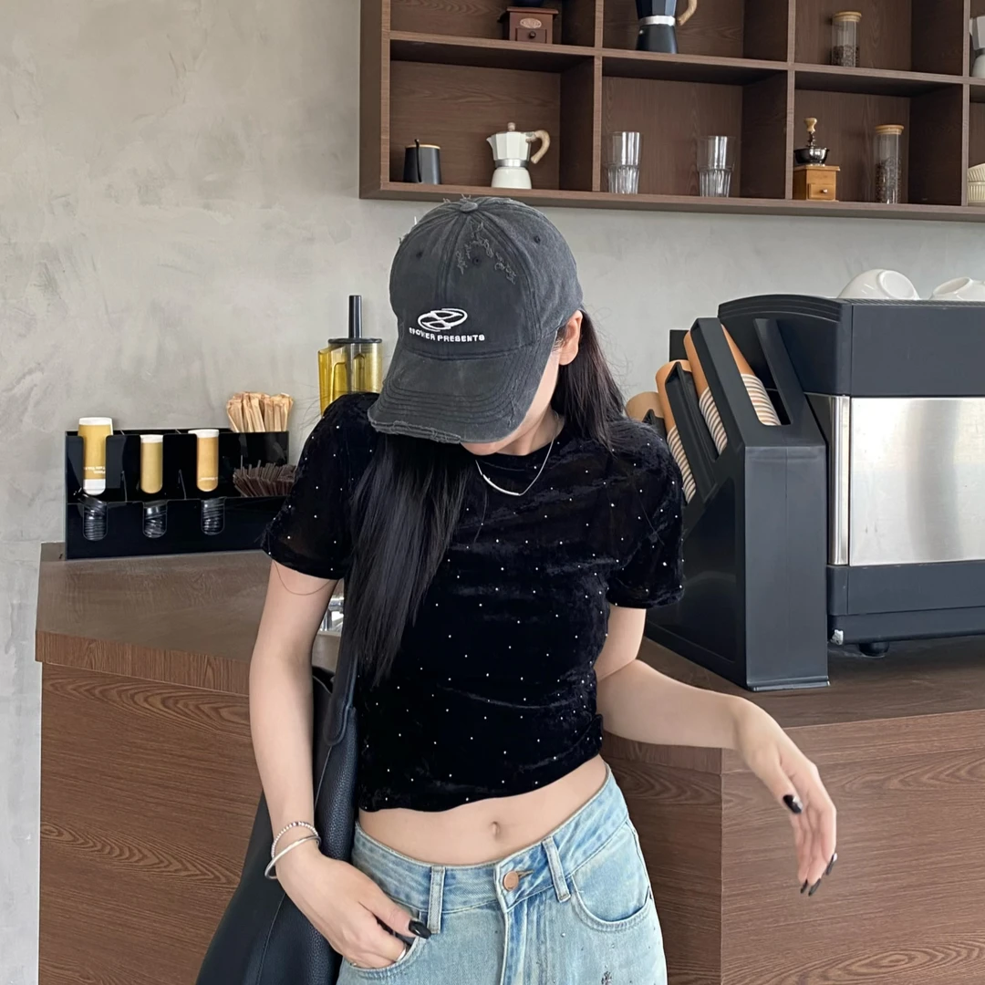 YOYO自制【微透烫钻】夏季修身显瘦短款小众ins设计感短袖上衣