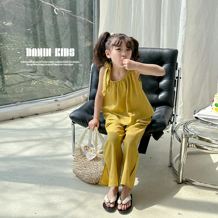 【嗒囜】女童韩版洋气时尚无袖上衣阔腿裤气质纯色套装231520