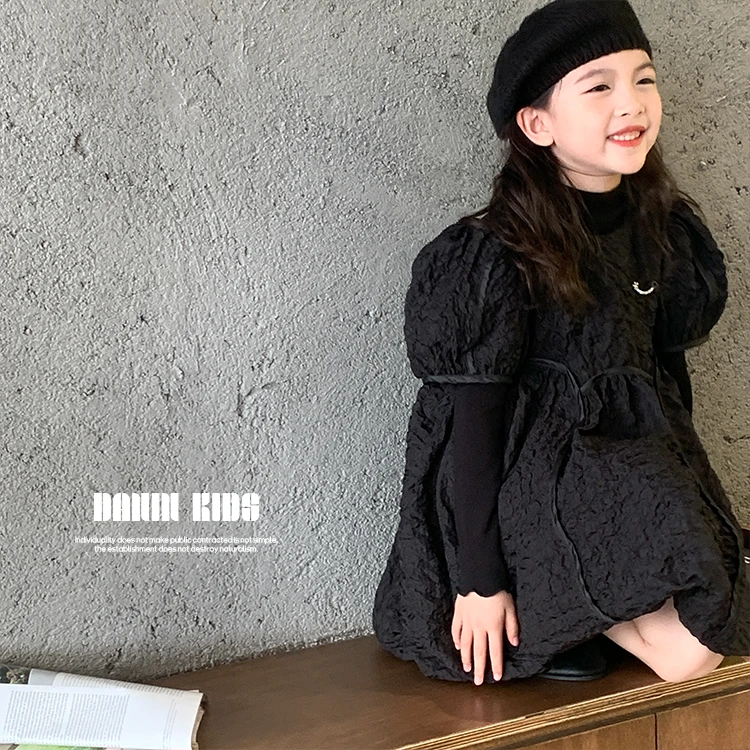 【嗒囜】女童洋气泡泡袖纯色甜美短袖公主裙韩版时尚灯笼裙231293