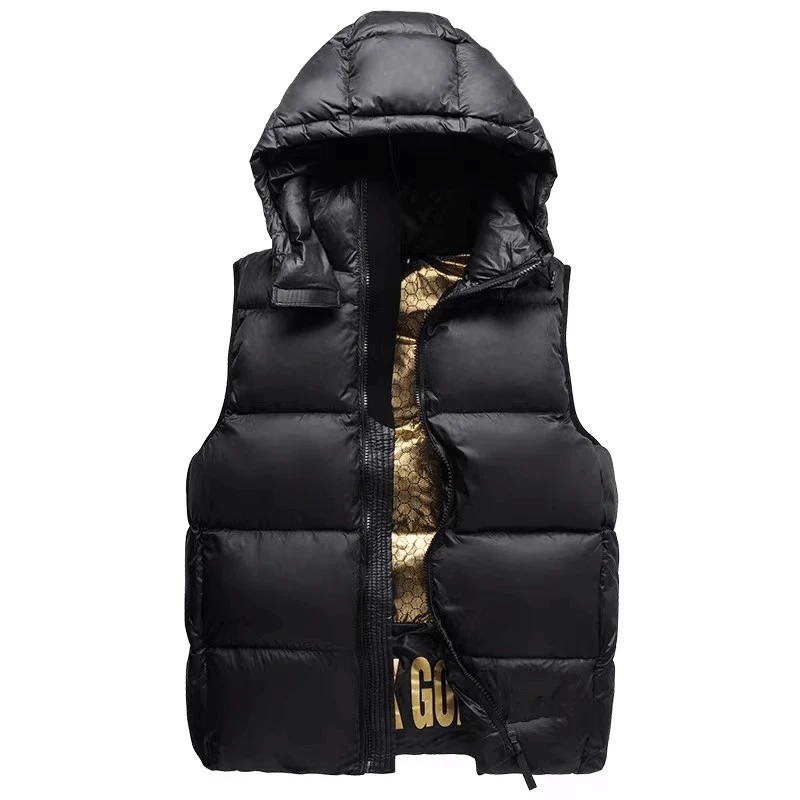 黑色春秋宽松2024鸭绒羽绒马甲男女同款加厚可拆卸帽子百搭马夹女