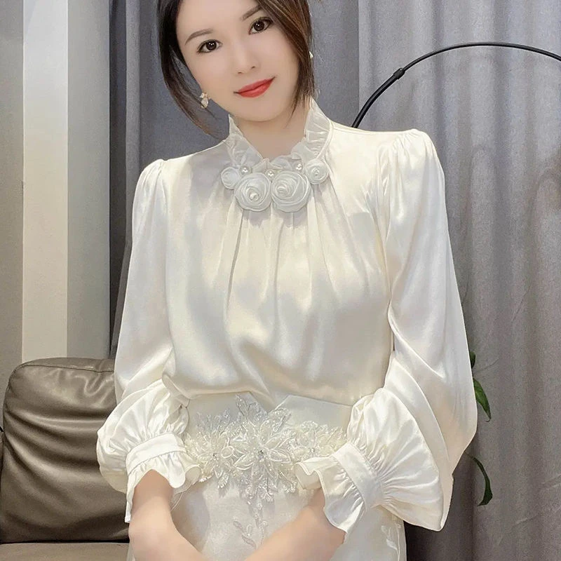 花朵缎面设计感百搭休闲衬衫女2025春装新款减龄宽松外穿长袖上衣