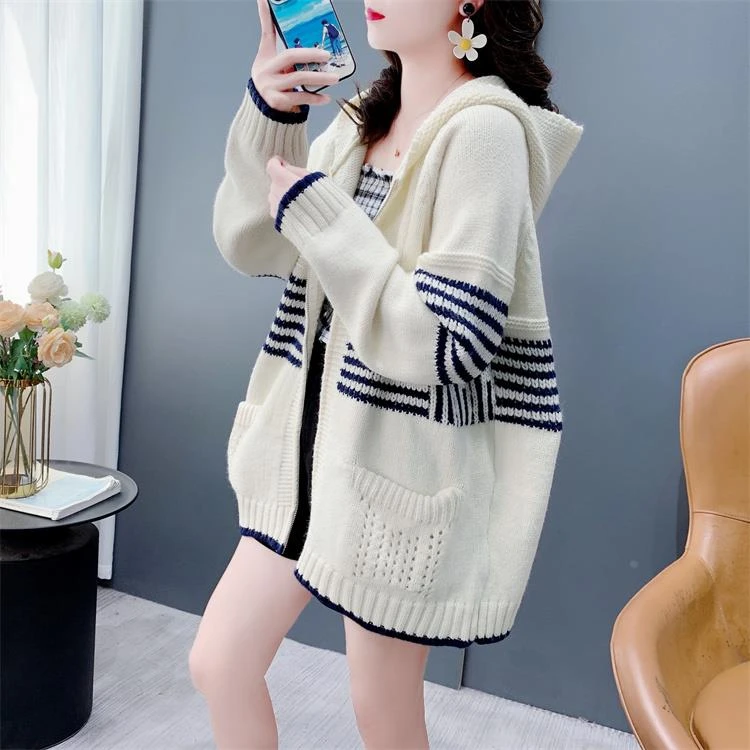 慵懒风条纹连帽毛衣外套女春秋2024年新款韩系宽松中长款针织开衫