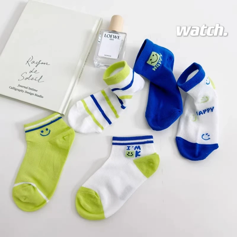 儿童袜子夏季薄款韩版男童网眼透气短袜女童棉袜笑脸袜中大童运动