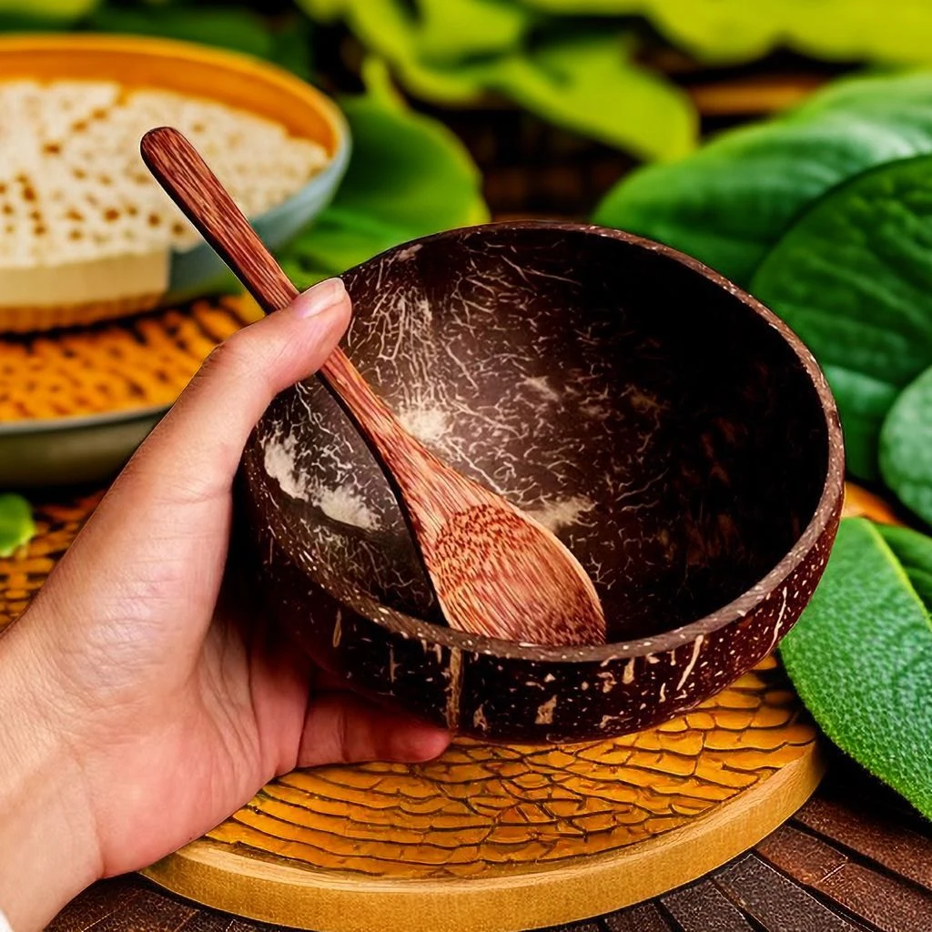 天然椰子壳碗东南亚越南椰壳碗工厂木勺海南老椰子碗勺套装沙拉碗