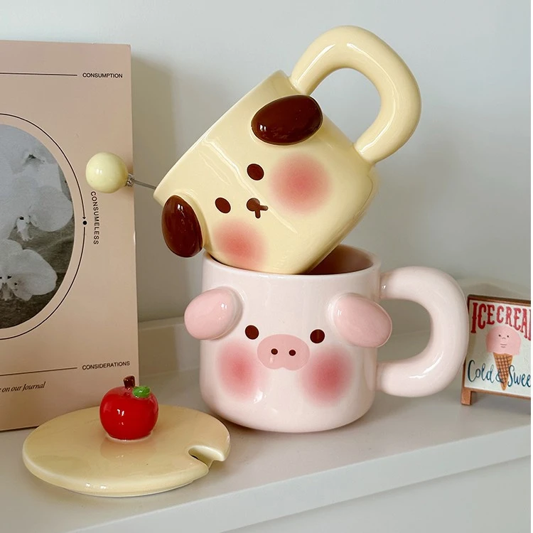 可爱小猪水杯陶瓷马克杯情侣家用创意咖啡杯大容量生日礼物送女生