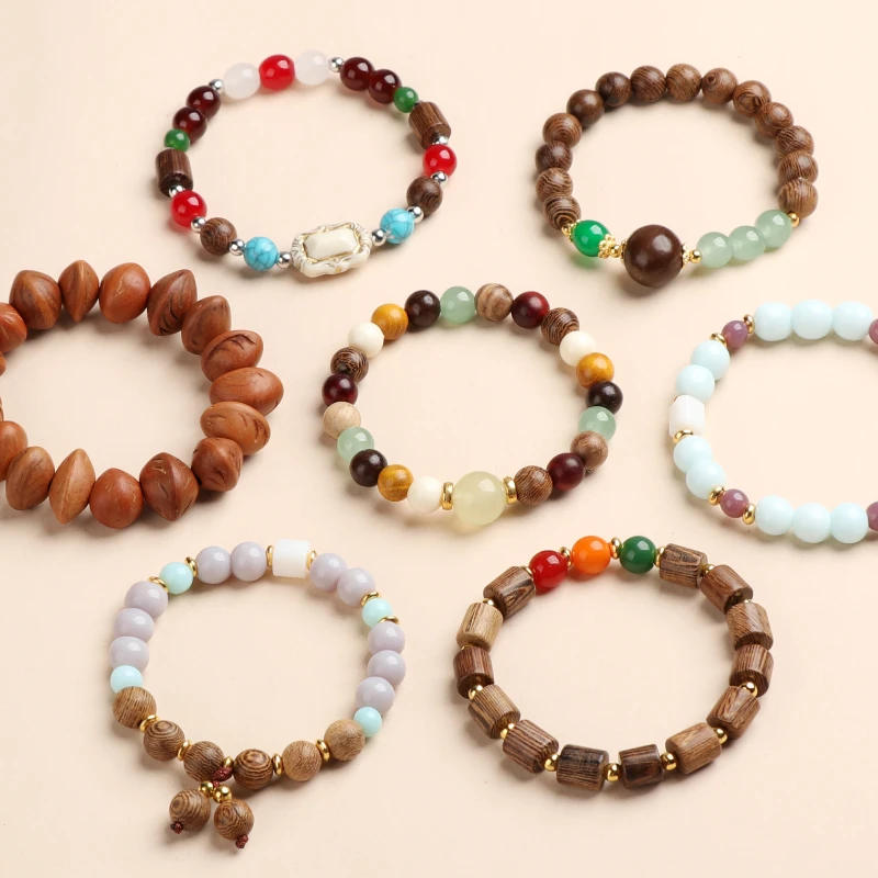 非金属木质手链 新中式国风单圈手串男女百搭手链弹力调节送礼物