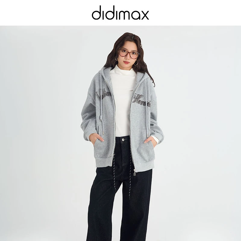didimax冬季新款美式复古开衫连帽卫衣女字母印花百搭外套W30779