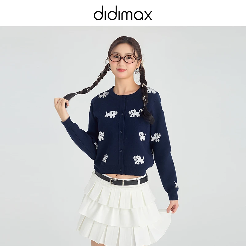 冬季新款韩版小狗印花针织开衫女慵懒短款宽松百搭上衣W21241