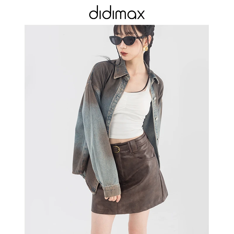 didimax·2024秋季新款做旧水洗翻领宽松牛仔衬衫女复古外套Q33314