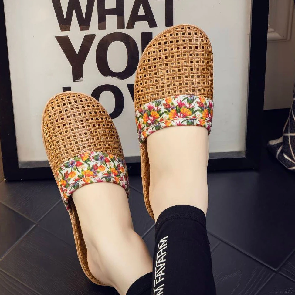 情侣夏季拖鞋春夏季居家亚麻防滑时尚百搭藤草拖鞋网红平底透气