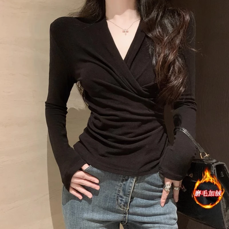 气质显瘦黑色V领打底衫女春秋新款高级感内搭洋气长袖T恤修身上衣