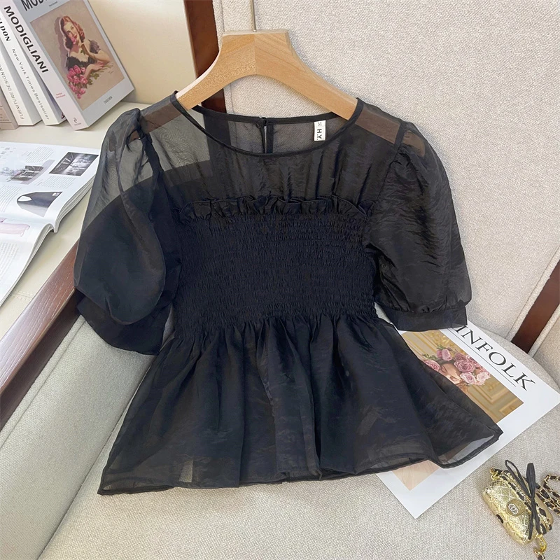 豆法式松紧泡泡袖方领衬衫女2025夏季新款显瘦雪纺褶皱减龄小上衣