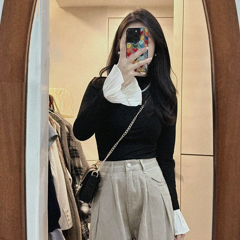 半高领黑色长袖T恤女春装2025款设计感喇叭袖内搭打底衫显瘦上衣