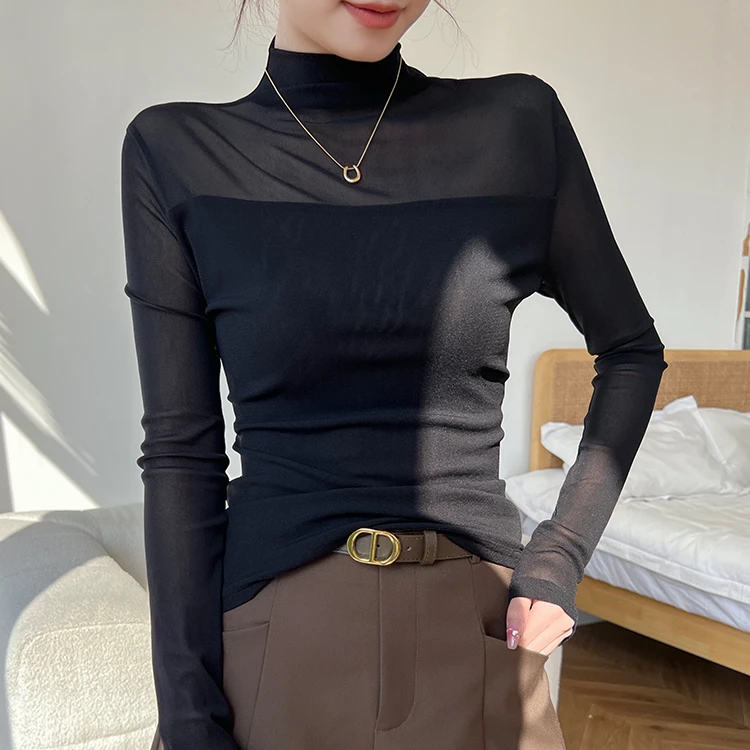 半高领显瘦打底衫女2025春秋季内搭时尚网纱长袖上衣洋气时尚T恤