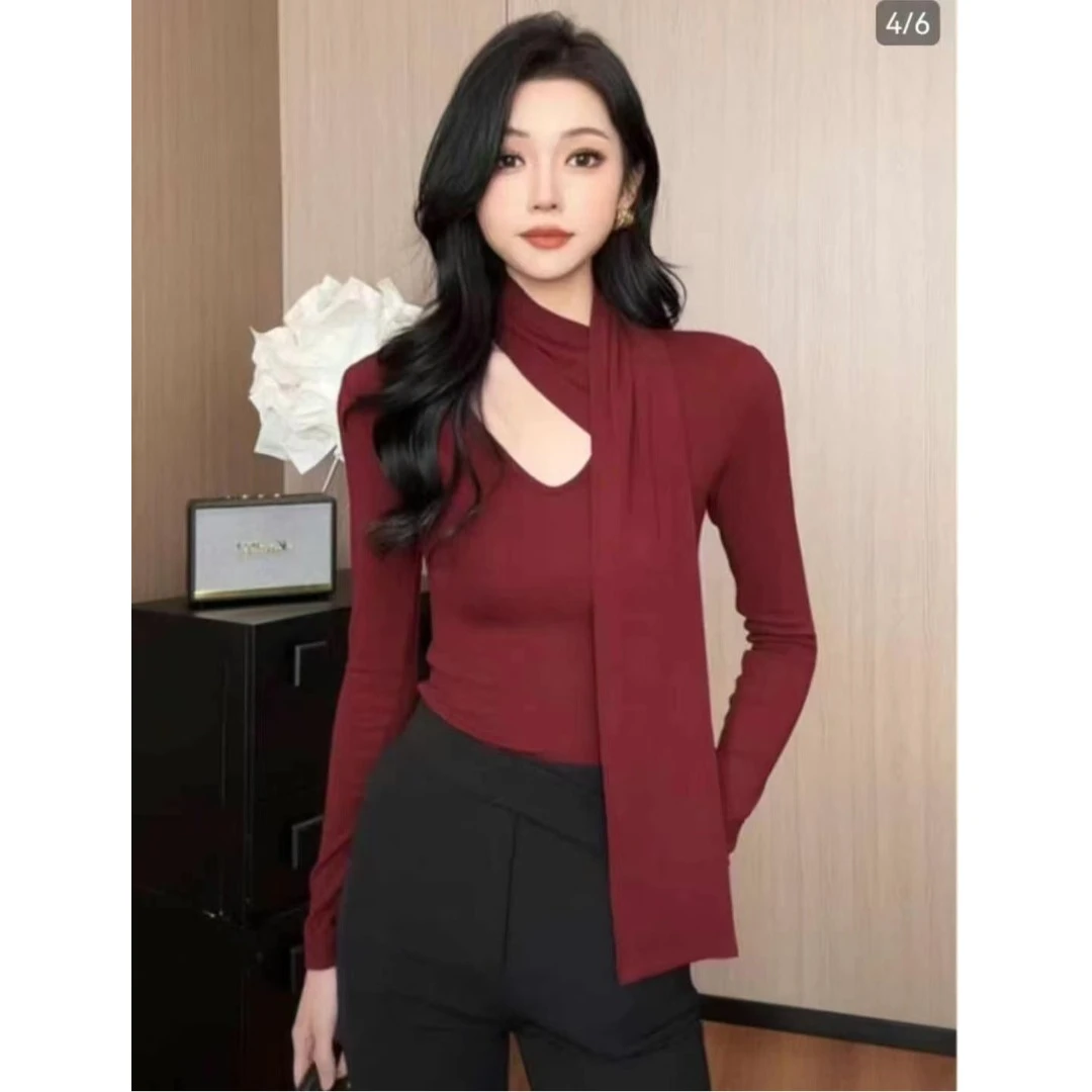 秋冬网红法式飘带镂空t恤打底衫女高级设计感修身长袖内搭上衣服