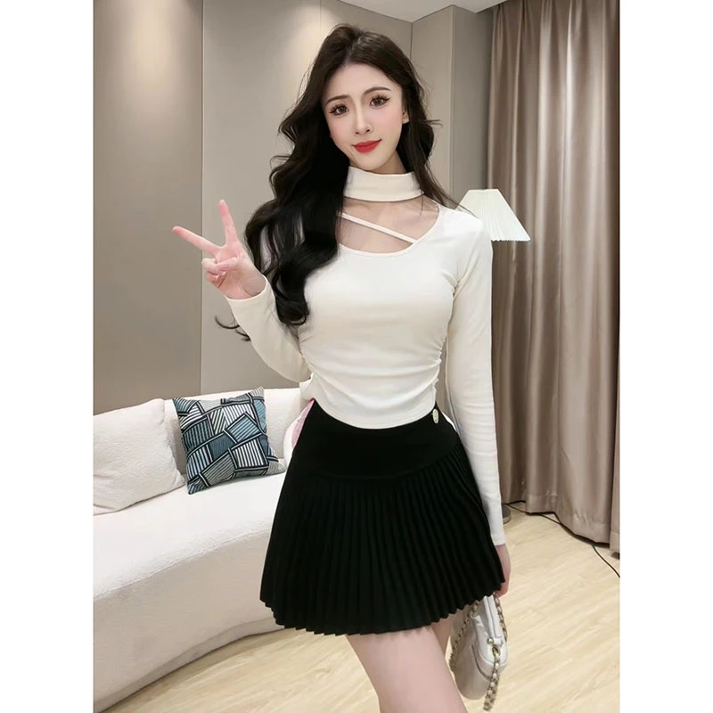 纯欲风挂脖镂空长袖T恤女春秋季修身性感打底衫内搭时尚辣妹上衣