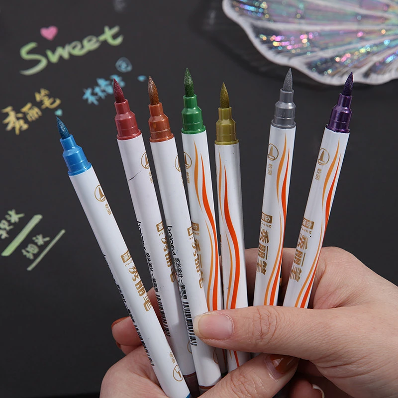 双头彩色秀丽笔软笔金属色软头勾线笔学生DIY手账绘画书法软毛笔