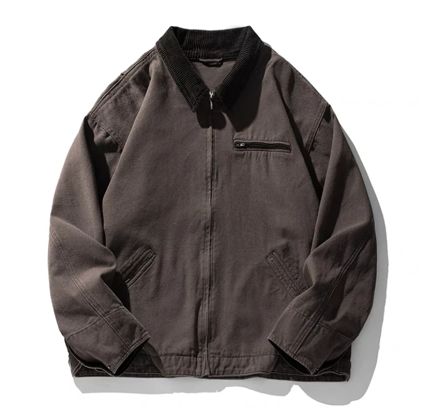 深棕色短款外套男女春秋季美式复古水洗做旧底特律工装夹克白搭