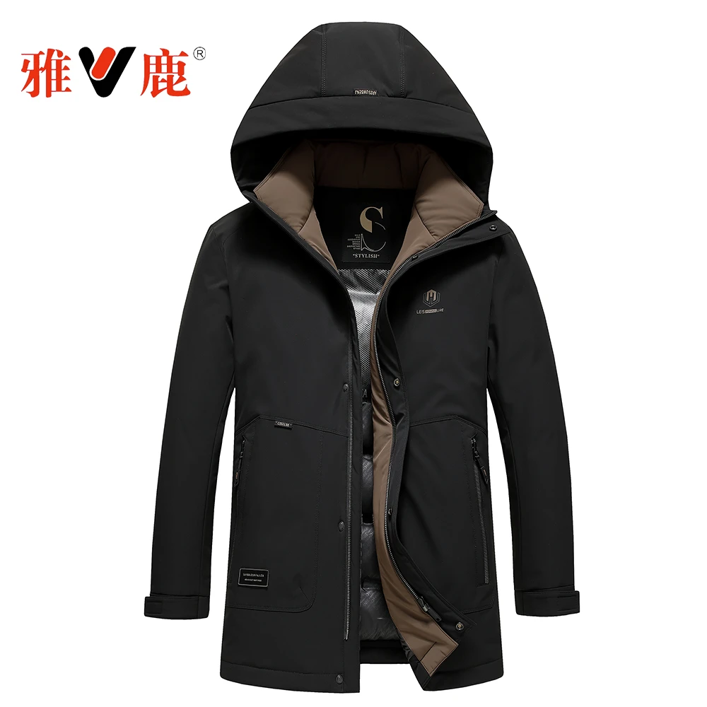 V/雅鹿男装羽绒服连帽中长款保暖冬季宽松潮流防风外套男士商务