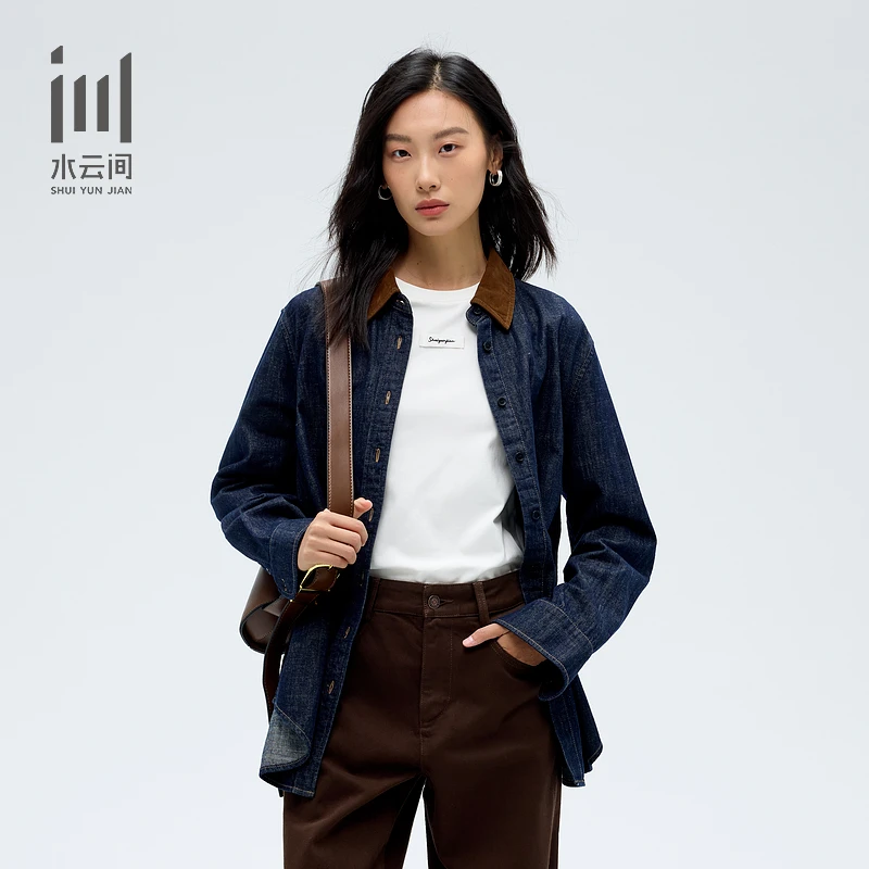 水云间女装 翻领拼色时尚简约纯棉牛仔衬衫长袖24冬12510345