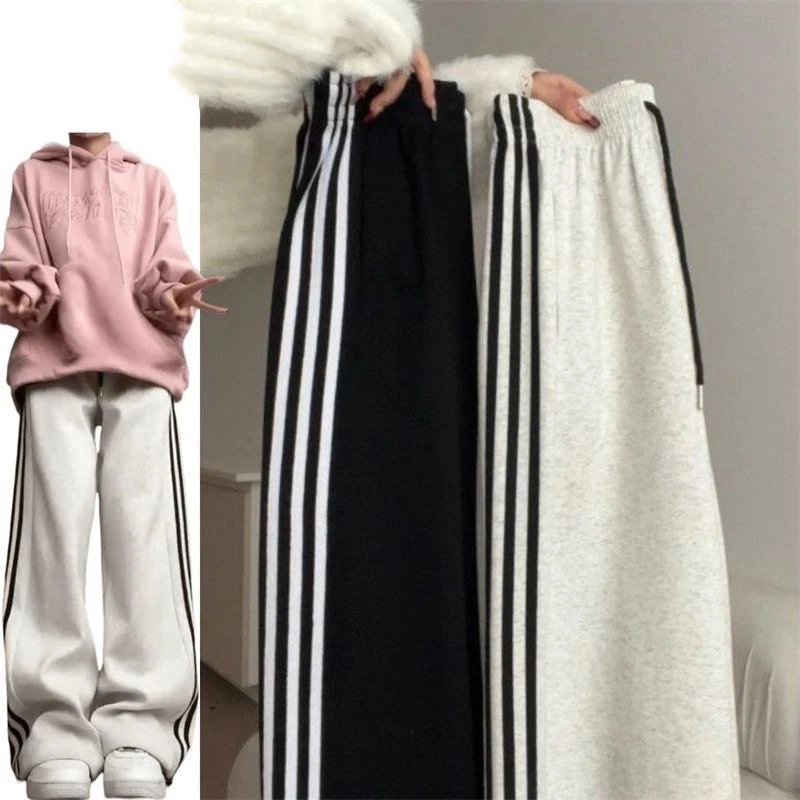 灰白三条杆条纹运动裤女童春秋冬新款加绒显瘦直筒裤子小学生女孩